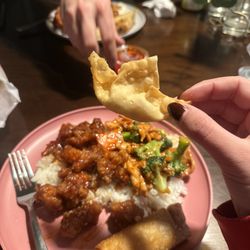 Hop Hing - Crab rangoon, egg roll, chicken and broccoli, sesame chicken