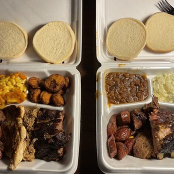 Delauders  BBQ - (Left) #17 - Sampler dinner with baked Mac and cheese and fried squash. (Right) #14 - Three meat sampler with baked beans and potato salad. - Barbeque Near Me - Sevierville, Tennessee