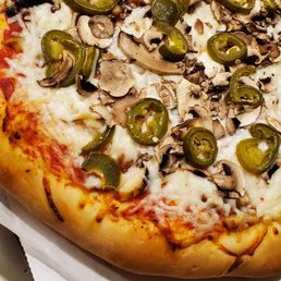 Jalapeño, mushroom, and chicken. Thick crust pizza.