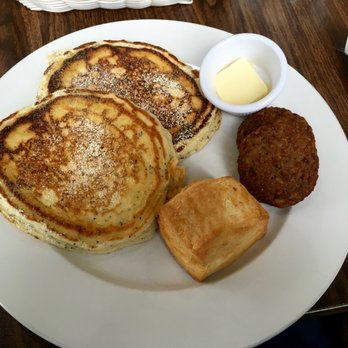 Cheeky Cafe - Lemon poppyseed pancakes with eggs subbed for a biscuit and bacon subbed for veggie patty. Yum! - Asian Fusion Near Me - Seattle, Washington