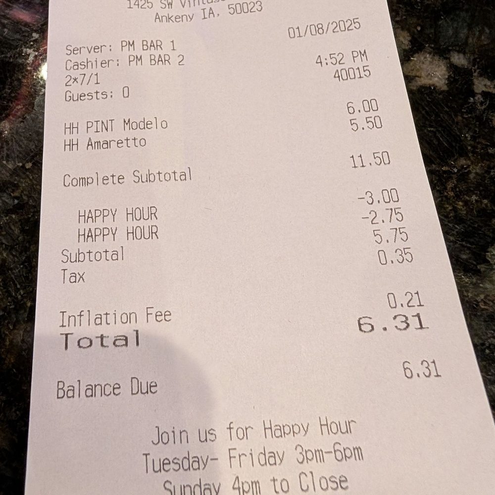 Receipt showing inflation fee Receipt showing inflation fee