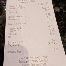 Receipt showing inflation fee Receipt showing inflation fee