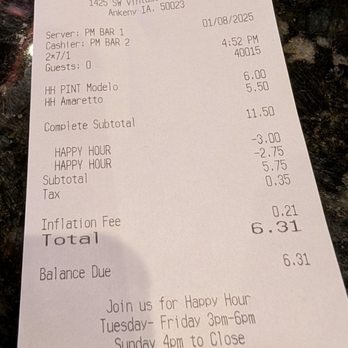 Jethro's BBQ LakeHouse - Receipt showing inflation fee - Barbeque Near Me - Ankeny, Iowa Jethro's BBQ LakeHouse - Receipt showing inflation fee - Barbeque Near Me - Ankeny, Iowa