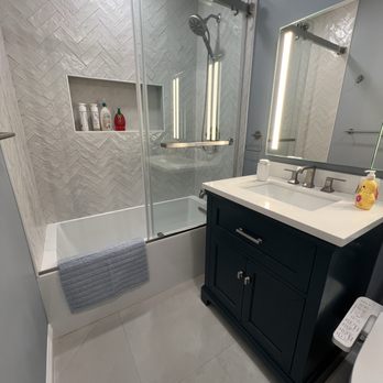 MTD Kitchen - Herringbone pattern tile, stone floor tile - Cabinetry Near Me - North Hollywood, California