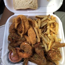 Fat Jack's Chicken and Fish - Chicken, 23. 2 Fish, 2 Jumbo Shrimp added two lemon pepper chicken wings, came with fries