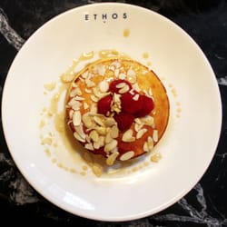 Ethos - Raspberry and almond pancakes at Ethos