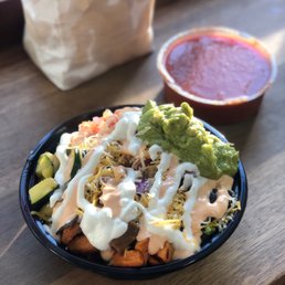 The Veggie Bowl + Side of Guacamole (2 oz), Chips and Side of Boat House Salsa (Spicy) (8 oz)