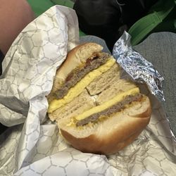 The Refuge Coffee Food & Wine - Bagel, sausage, egg and pepper jack