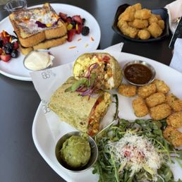 Veggie morning burrito, French toast and a side of bb tots