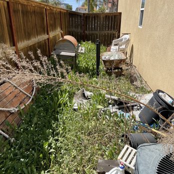 iJunkNOW - BEFORE: side of the house with junk and weeds needing to be removed. - Junk Removal & Hauling Near Me