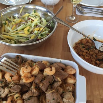 Hudson Table - Hoboken - Buried under all the protein there is pad thai!, also chicken basil, and green papaya mango salad. "Thai street food class" - Cooking Schools Near Me - Hoboken, New Jersey