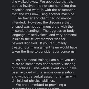 Memorial Athletic Club - Response from owner regarding my mistreatment by a trainer named Judy at the MAC - Gyms Near Me - Houston, Texas