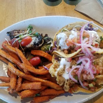 California Fish Grill - Battered fish tacos, sweet potato fries and brussel sprouts - Seafood Near Me - Upland, California