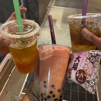 Fuku Tea - The middle drink is Large Smoothie (Guava) with double tapioca and 50% sweetness. The mochi cake is just Red Bean Cake Original - Coffee & Tea Near Me - Pittsburgh, Pennsylvania Fuku Tea - The middle drink is Large Smoothie (Guava) with double tapioca and 50% sweetness. The mochi cake is just Red Bean Cake Original - Coffee & Tea Near Me - Pittsburgh, Pennsylvania