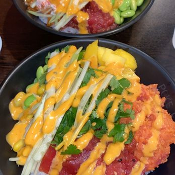 Poke Fish - Top photo: marinated tuna, krab (custom poke bowl) Bottom: marinated tuna, spicy tuna (custom poke bowl) - Poke Near Me - Ann Arbor, Michigan