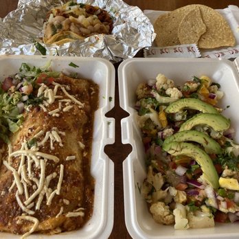 Borreguitas Bar Express - Clockwise from top left: Al Pastor and Papa con Nopal Street Tacos, Cauliflower Ceviche Tostada, Vegan Wet Burrito - Mexican Near Me - Pomona, California Borreguitas Bar Express - Clockwise from top left: Al Pastor and Papa con Nopal Street Tacos, Cauliflower Ceviche Tostada, Vegan Wet Burrito - Mexican Near Me - Pomona, California