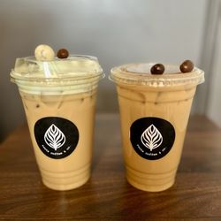 Special of the month and horchata iced latte with chocolate covered espresso beans.