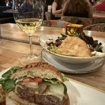 Monkeypod Kitchen - Maui Cattle Company Cheese Burger, Waipoli Farm Organic Mixed Greens, and Chardonnay, Flowers, Sonoma Coast, California - New American Near Me - Lahaina, Hawaii