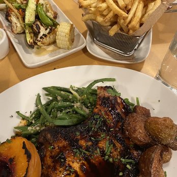 Central Market - Pork chop with grilled peach . Roasted veggies and fries! - New American Near Me - Petaluma, California Central Market - Pork chop with grilled peach . Roasted veggies and fries! - New American Near Me - Petaluma, California