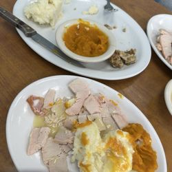La Ports Pine Restaurant - We dove in so fast. I didn't take a photo before we started. Turkey with mashed potatoes, puréed squash, and the gravy over the top.