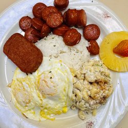 Peg's Glorified Ham & Eggs - Hawaiian Breakfast ($16.99) Portuguese Sausage, Fried Spam two eggs , white rice & macaroni salad on the side