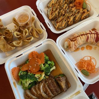 The King And I - Duck with veggies, crab Rangoon, crunchy salmon roll and rainbow roll - Sushi Bars Near Me - Canyon, Texas The King And I - Duck with veggies, crab Rangoon, crunchy salmon roll and rainbow roll - Sushi Bars Near Me - Canyon, Texas