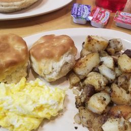 Biscuits, eggs, breakfast potatoes