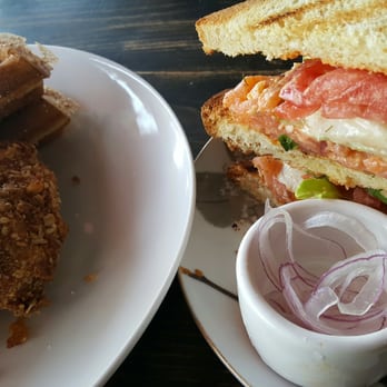 Prospect Gourmand - Smoked salmon BLT with oat crusted chicken and waffles with brandied syrup - New American Near Me - Beverly Hills, California Prospect Gourmand - Smoked salmon BLT with oat crusted chicken and waffles with brandied syrup - New American Near Me - Beverly Hills, California