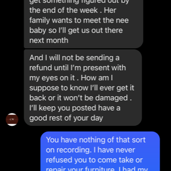Corey's Woodcraft - Now that I called his delivery guy and shared legal action he is responding now playing victim like i screwed him over - Furniture Stores Near Me - Hutto, Texas Corey's Woodcraft - Now that I called his delivery guy and shared legal action he is responding now playing victim like i screwed him over - Furniture Stores Near Me - Hutto, Texas
