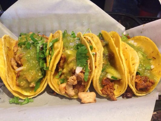 Photo of Fogline Bar & Grill - Hayward, CA, US. Chicken and pork tacos with green salsa