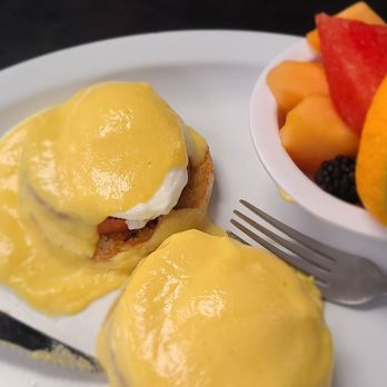 Janet's Cafe and Deli - Eggs benedict with fruit - New American Near Me - Santee, California Janet's Cafe and Deli - Eggs benedict with fruit - New American Near Me - Santee, California