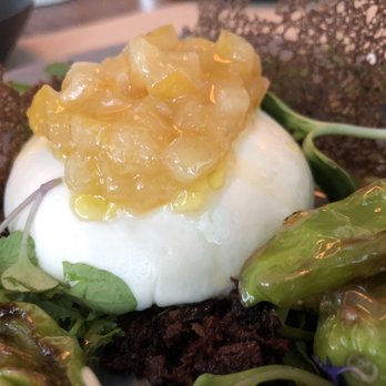 Perry St - Closeup of the summer version of house made burrata, showing the ripe lemon jam on top. Absolutely divine! (7/15/2018) - New American Near Me - New York, New York Perry St - Closeup of the summer version of house made burrata, showing the ripe lemon jam on top. Absolutely divine! (7/15/2018) - New American Near Me - New York, New York