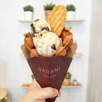 Gadani - Cookies and creme ice cream with egg waffle and carmel drizzle with waffle - Coffee & Tea Near Me - Berkeley, California Gadani - Cookies and creme ice cream with egg waffle and carmel drizzle with waffle - Coffee & Tea Near Me - Berkeley, California