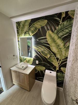 Repair in the bathroom - Replacement of cabinets, installation of a mirror, wallpapering Repair in the bathroom - Replacement of cabinets, installation of a mirror, wallpapering
