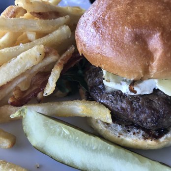 Hill Top Winery - Bacon Brie Burger with fries and pickle spear ($26.25). All our food choices were delicious. - Venues & Event Spaces Near Me - Valley Center, California Hill Top Winery - Bacon Brie Burger with fries and pickle spear ($26.25). All our food choices were delicious. - Venues & Event Spaces Near Me - Valley Center, California