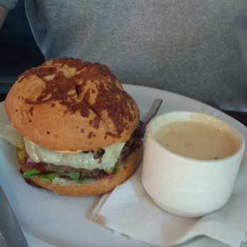 The Fireside Grill - Hubbys BIG onion bun burger and soup. They comped him a plate full of chips for undercooked. - American Near Me - Beaverton, Oregon The Fireside Grill - Hubbys BIG onion bun burger and soup. They comped him a plate full of chips for undercooked. - American Near Me - Beaverton, Oregon