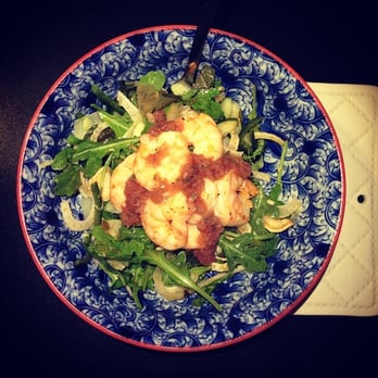 Madison & Rayne - Grilled marinated shrimp, red curry, arugula & basil, tomato & watermelon gazpacho. - Food Delivery Services Near Me - Chicago, Illinois