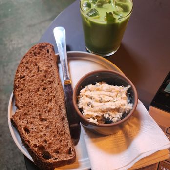 Afterglow Coffee Cooperative - Sourdough toast with smoked trout spread and Pandan Matcha Latte - Coffee Roasteries Near Me - Richmond, Virginia