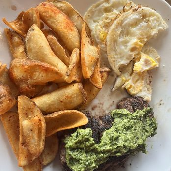 Gather Brewing Company - Steak w chimchurri, eggs & fries - Brewpubs Near Me - Universal City, Texas