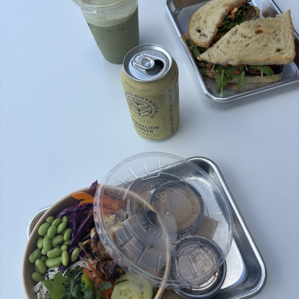 Zen crunch bowl, Black sesame matcha iced latte, and Eggplant sandwich Zen crunch bowl, Black sesame matcha iced latte, and Eggplant sandwich