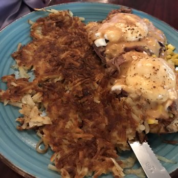By Hand and Fork - Eggs Benedict with extra crispy hash browns! Score 4 of 5, very good! - American Near Me - Muncie, Indiana