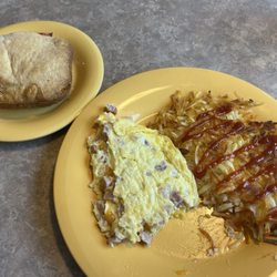 Ham and cheese omelette, hash browns, biscuit