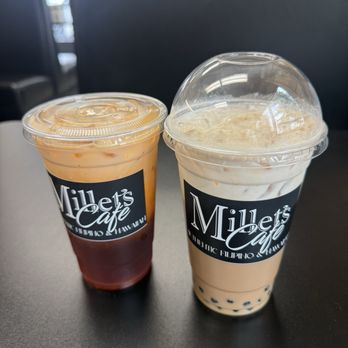 Millet’s Cafe - Thai tea (left) and Boba Milk Tea (right) - Barbeque Near Me - Beaumont, California