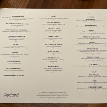 Redbird - Brunch /lunch menu 6/17/2023 - New American Near Me - Los Angeles, California