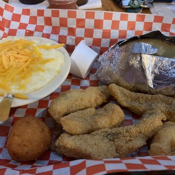 David's Catfish House - Fried catfish lunch special with cheese grits and baked potato - Seafood Near Me - Brewton, Alabama