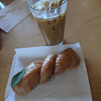 Doe Donuts - Cantaloupe agua fresca donut (coffee not from doe donuts, sorry guys) - Donuts Near Me - Portland, Oregon Doe Donuts - Cantaloupe agua fresca donut (coffee not from doe donuts, sorry guys) - Donuts Near Me - Portland, Oregon