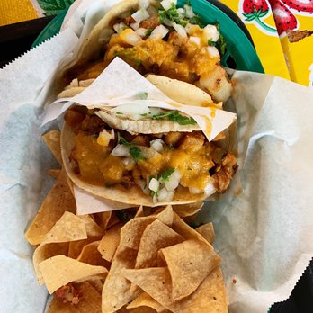 Hugo's Tacos - Potato taco (top) and soy chorizo taco (bottom) with habanero salsa - Mexican Near Me - Studio City, California