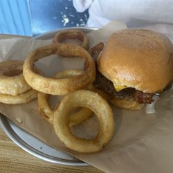 Hangry's A & E Grill - Burger and onion rings.