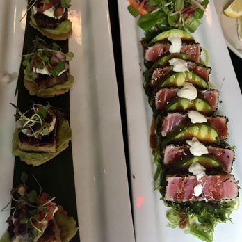 Dutch Freds - Pork belly over guacamole and chips (left) ahi tuna and avocado (right) - Cocktail Bars Near Me - New York, New York