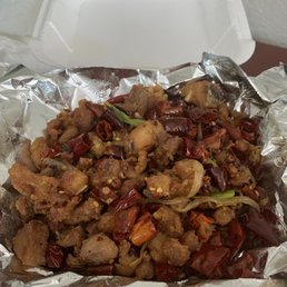 Spicy chicken (delivered by Uber eats). Very good but annoying to worry about all the bits of chopped up bone in the chicken pieces.